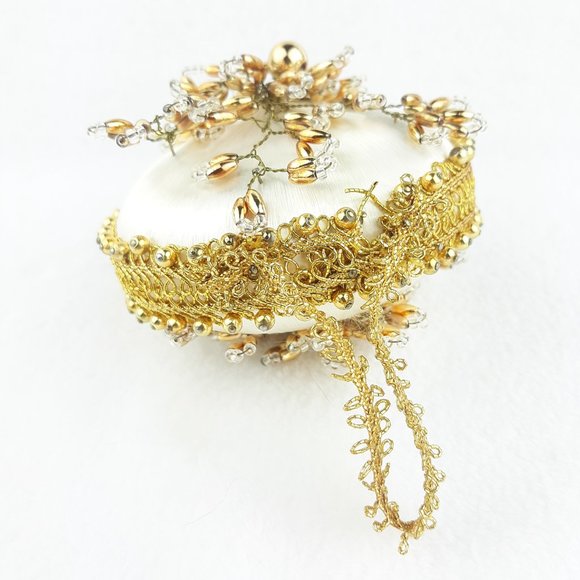 Vintage Satin Beaded Christmas Ornament Cream Gold - Picture 7 of 11